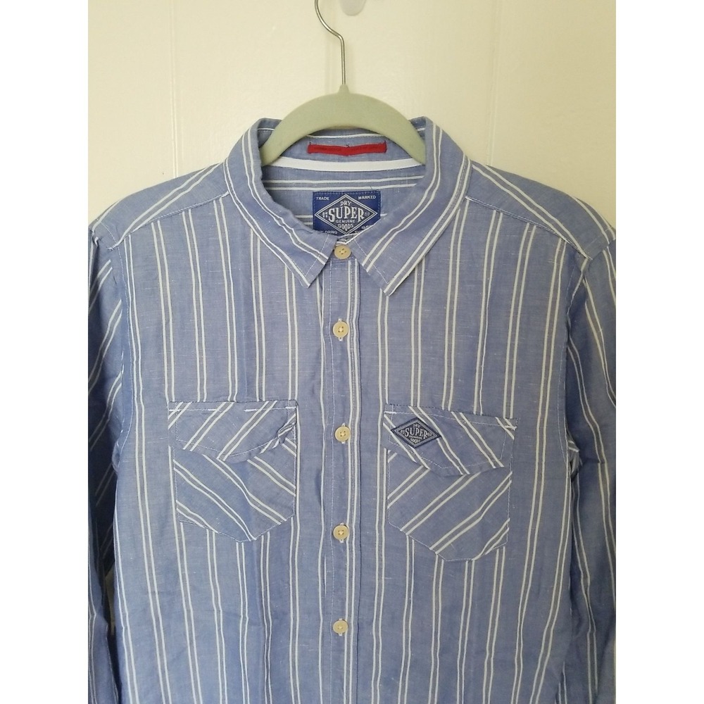 SUPERDRY Shirt Japan Button Up Men's Medium Flax Cotton Blend‎ Logo Blue Striped